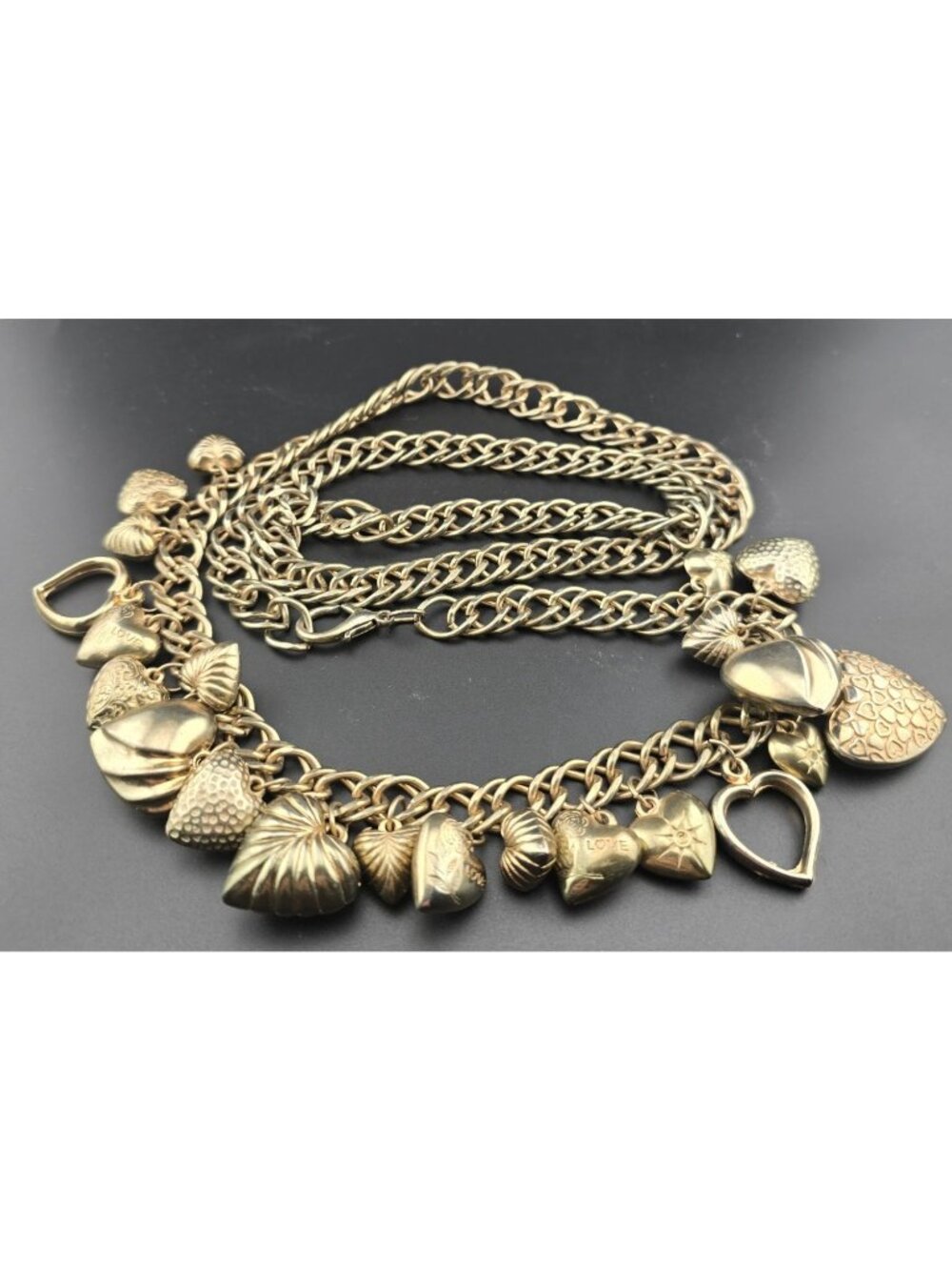 Vintage 40" Puffy Heart Charm Belt/Necklace Large Brassy Gold-Tone 80's - Picture 2 of 9